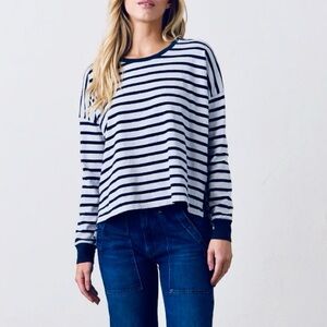 SOMETHING NAVY Navy Blue & White Striped Long Sleeve Tee T-shirt w Raw Edge Hem